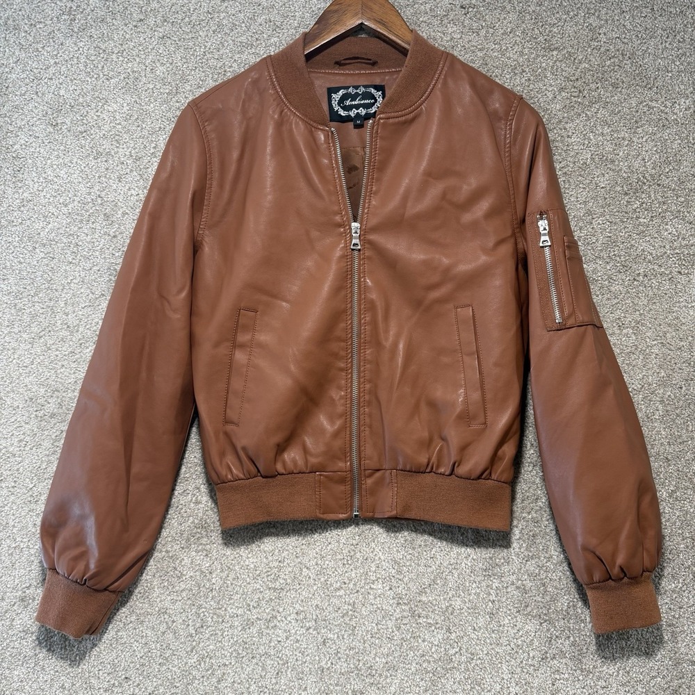 Ambiance Faux Leather Moto Jacket M Brown Pockets Bomber Fall